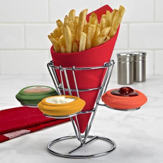 Multi+purpose+Ceramic+French+Fries+along+with+3+Dip+Sauce+bowls+holder+rack+with+Stainless+Steel+Stand