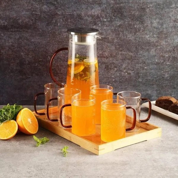 1.45 L Water Beautiful Jug with 6 Pieces Glasses Set with Tray for Juice Water Serve 1.45 L Jug Glass Set Jug Glass