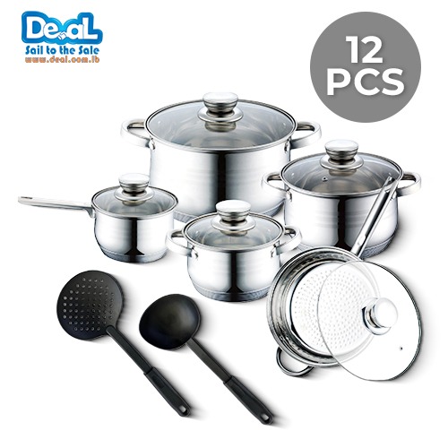 12 Pcs High Quality Stainless Steel Cookware Set with Glass Lid