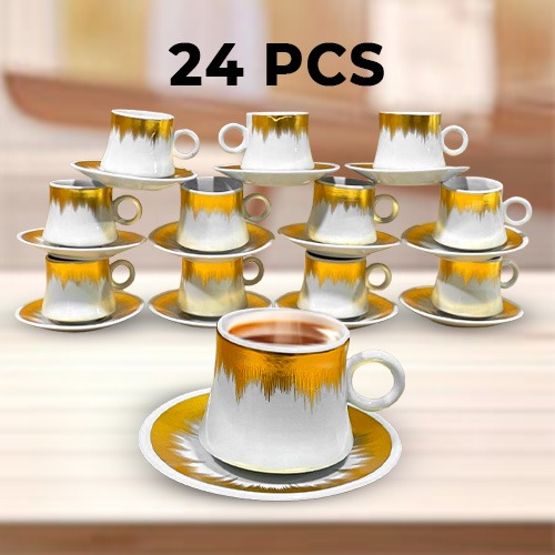 12 Pieces Golden Sunbeam Pattern Turkish Coffee Cups with 12 Saucer