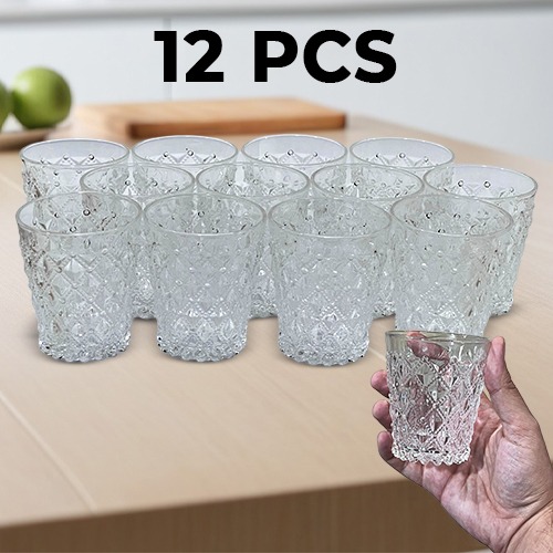 12 Pieces High Quality Clear Engraved Design Drinking Glass Juice Cup Set