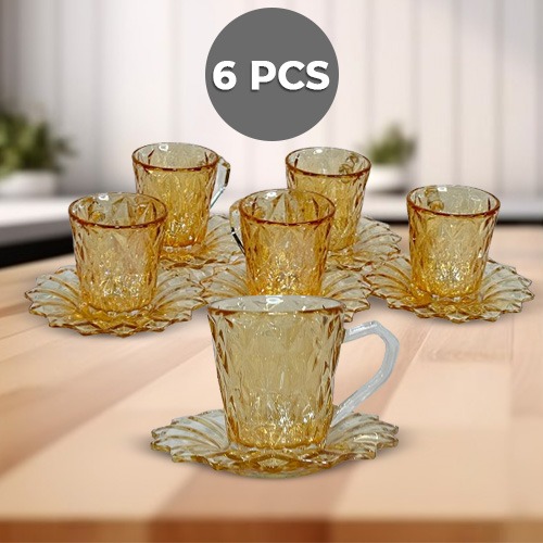 12 Pieces Luxurious Crystal Glass Tea Cup with Saucer  (Honey Color)