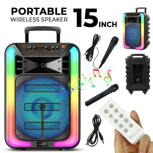 15Inch Portable Wireless Bluetooth Speaker with Wired Microphone & Wireless Microphone