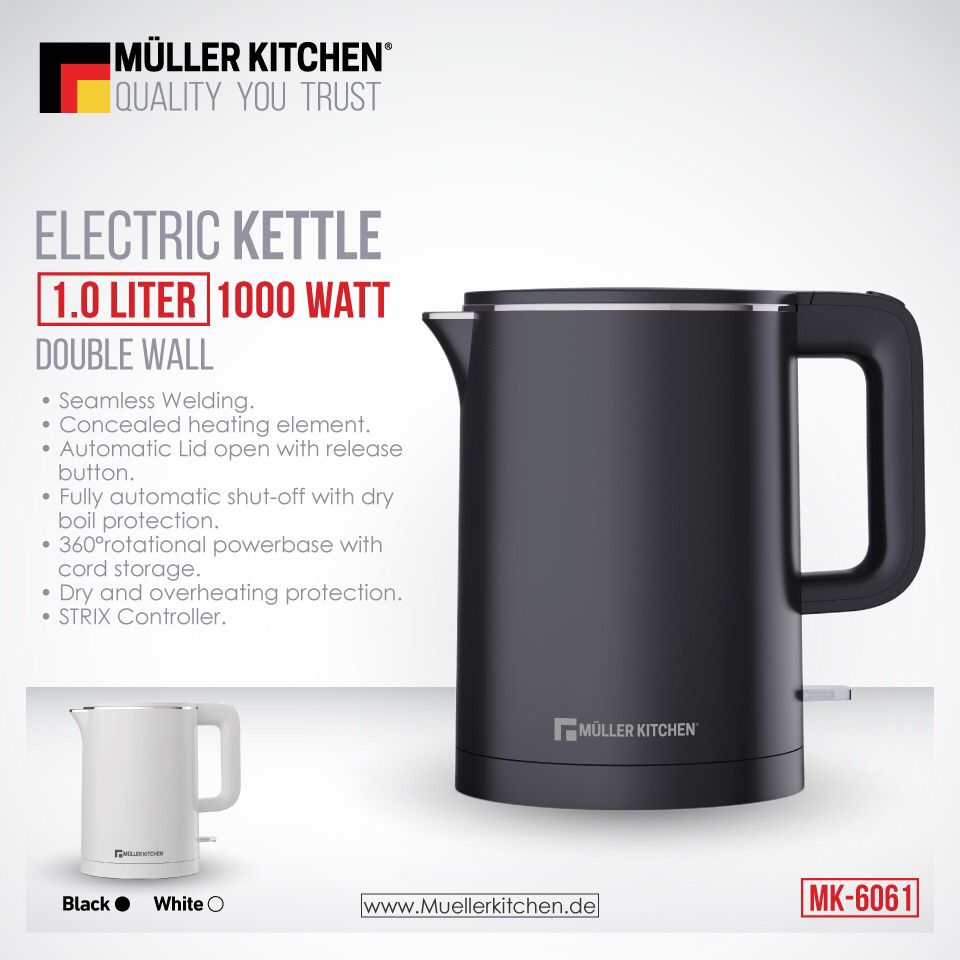 1 Liter Muller Koch Electric Kettle Double Wall 1000-1200Watt
