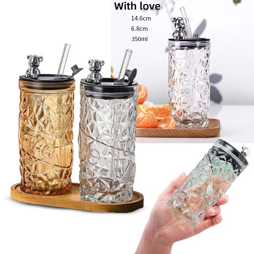 1pc Bear Series Glass Cup with Straw, Cute Creative Water Milk Juice Drinking Cup for Office