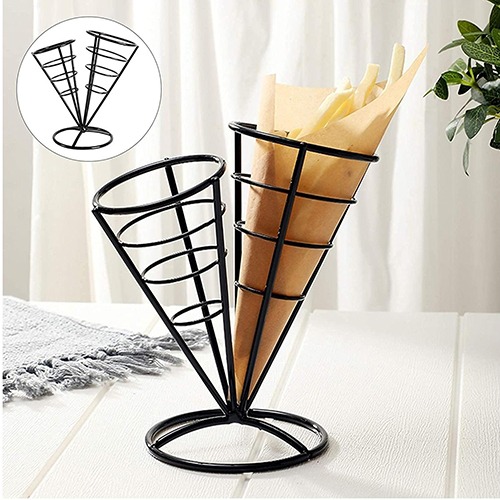 2 In 1 French Fry Stand Cone Basket Holder Black Iron