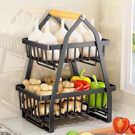 2 Tier Countertop Fruit Basket, Removable Metal Rectangular Wire Basket, Black Vegetable Bread Basket Storage Rack, Kitchen Table Top Fruit Bowl (Black)