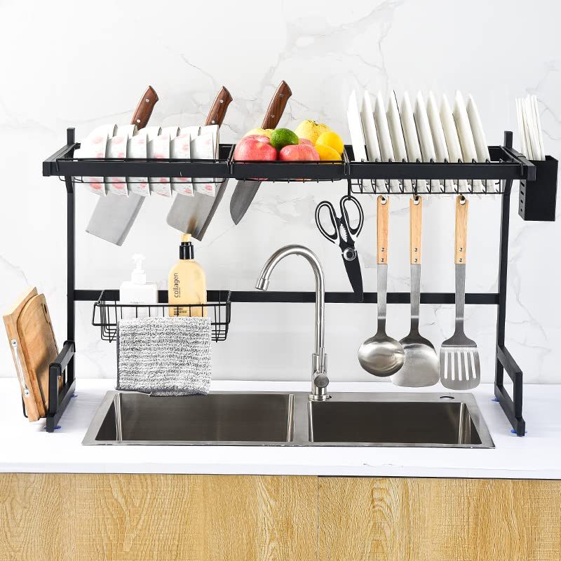 2-Tier Kitchen Over Sink Rack Stainless Steel Dish Drying Black