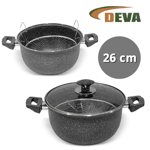 26cm Granite Marble Coating Fryer with Oil Basket and Glass Lid