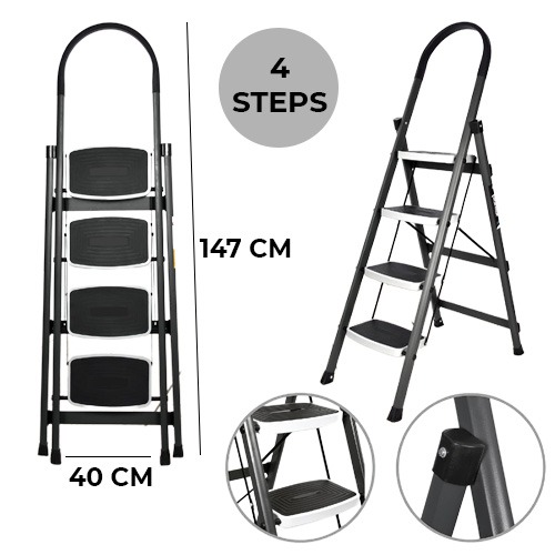 4 Steps Ladder for Home - Foldable Steel 4 Steps Ladder-Wide Anti Skid Steps - Space-Saving (Grey)