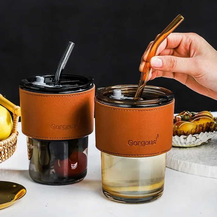 400ml Slub Custom Glass Drink Cup with Lid and Straw Creative Glass Coffee Mug Portable Leather Case Mug