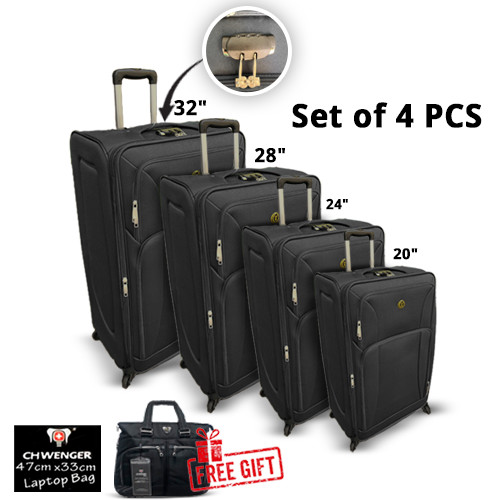 4Pcs High Quality Black Color Travel Luggage Set Soft Fabric Material Travel Bag Set, Durable, Flexible+ Laptop Bag Free Gift