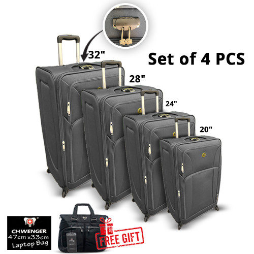 4Pcs High Quality Dark Grey Travel Luggage Set Soft Fabric Material Travel Bag Set, Durable, Flexible+ Laptop Bag Free Gift