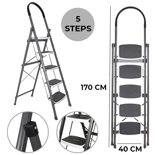 5+Steps+Ladder+for+Home+-+Foldable+Steel+5+Steps+Ladder-Wide+Anti+Skid+Steps+-+Space-Saving+%28Grey%29