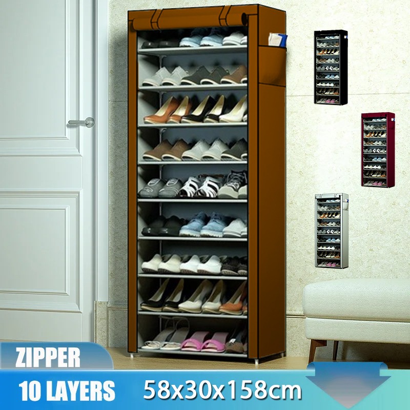 58x30x158cm 10 Layers Single Row Zipper Fabric Shoes Cabinet