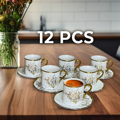 6 Pieces Coffee Cups & 6 Pieces Saucer with a Modern White and Gold Design with a Distinctive Tree Drawing