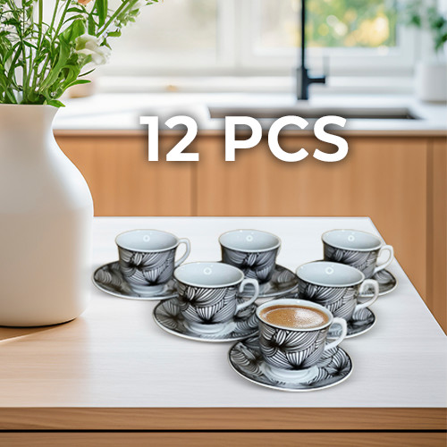 6 Pieces Coffee Cups & 6 Saucer Modern Style Black and White Flower Design