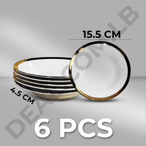 6Pcs White Ceramic Round Plate Gold Line Design 6Inch 15.5x4.5cm