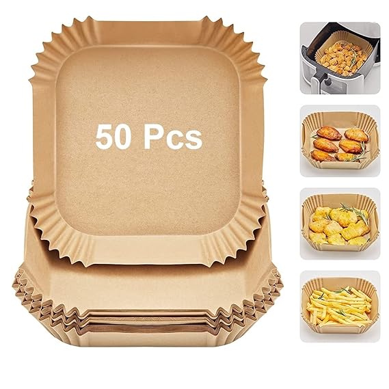 Air Fryer Disposable Paper Liner, Non-Stick Parchment Paper Plate, Oil Proof Water Proof Can be Used Microwave Frying Pan, Steamer, Air Fryer Tray 7.87in inches Size (Square, 50)