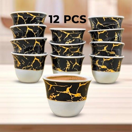 Arabic Coffee Cups Gawa 3 oz 80 cc Set of 12 (Black Golden Marble Design)