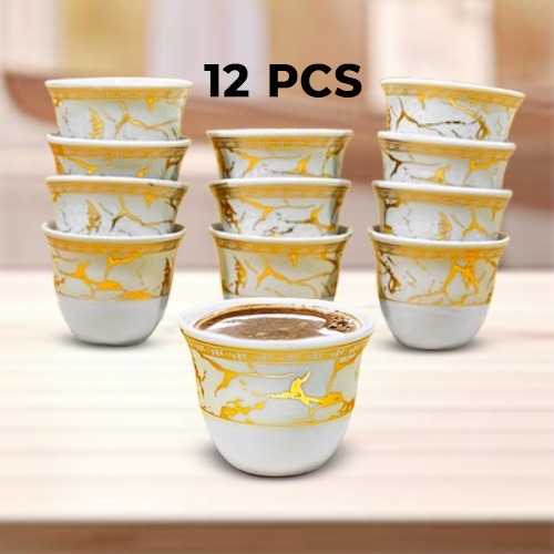 Arabic Coffee Cups Gawa 3 oz 80 cc Set of 12 (Golden Marble Design)