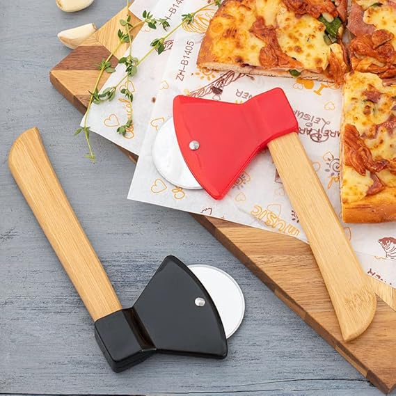 Axe Wooden Handle Pizza Cutter Rotating Blade Home Kitchen Cutting Tool,Stainless Steel Pizza Cutter