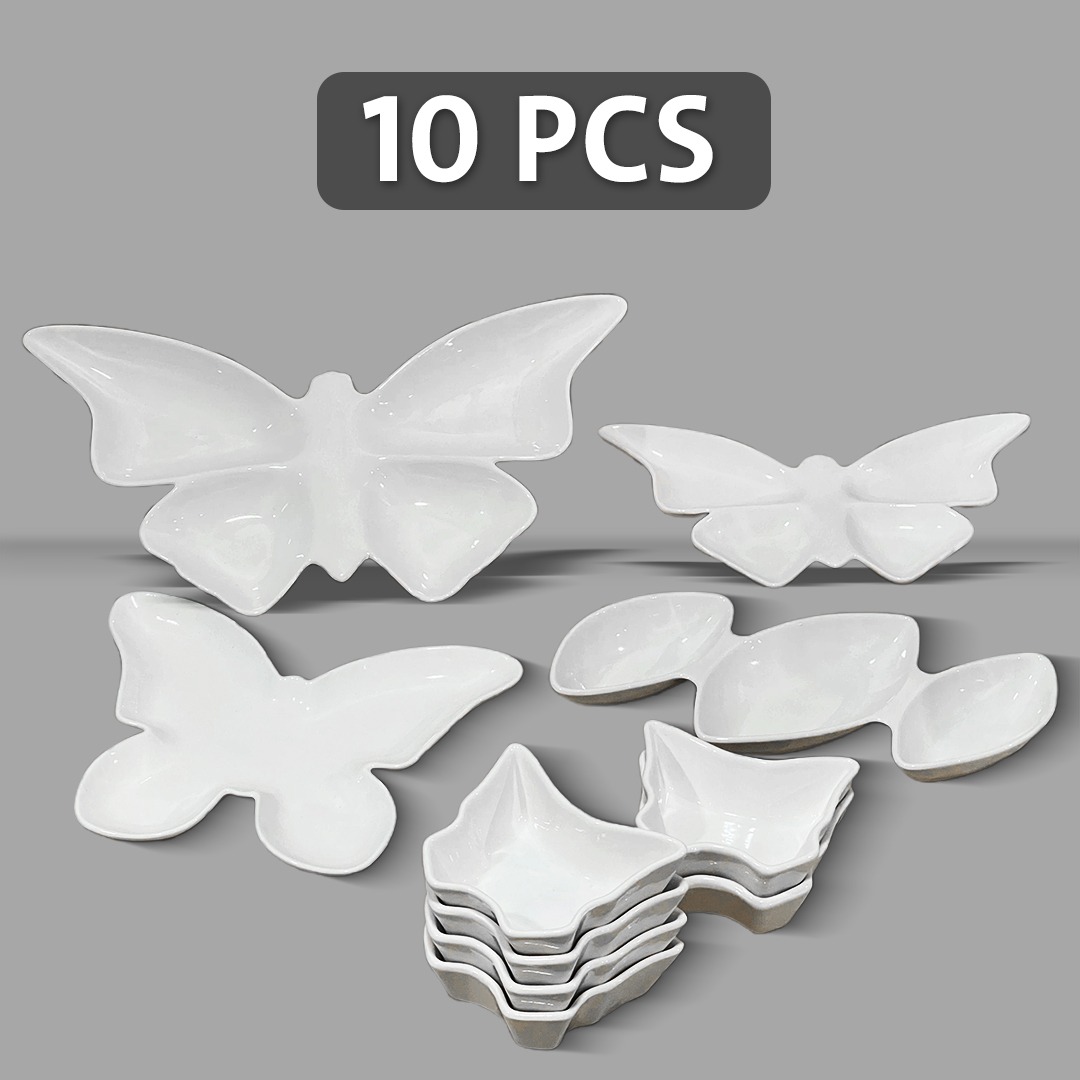 Butterfly Porcelain White Dinner Plates 10 Pcs Snack Set