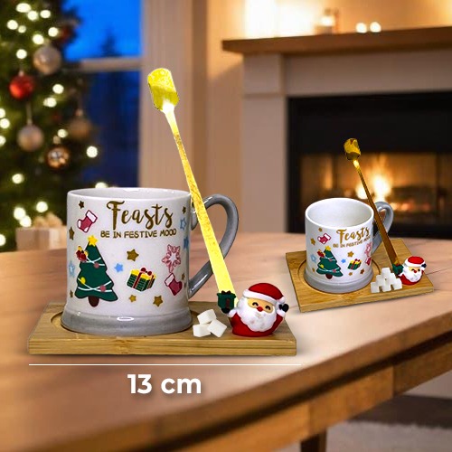 Ceramic Elegant Christmas Print Design Cup With Wooden Coaster And Small Spoon Set Of 3 Pieces