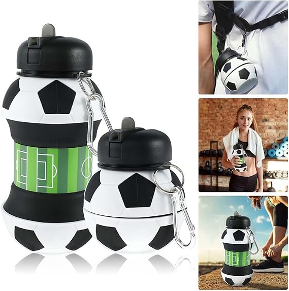 Football Water Bottle 550ml Silicone Soccer Water Bottle for Boys Girls Collapsible Leak-Proof Drink Sports Bottle for Travel Gym Picnics School