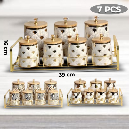 Home Kitchen Luxury Gold 7pcs Round Tea Coffee Sugar Salt Storage Jar Ceramic Spice Canisters Set with Bamboo Lid and Gold Metal Rack