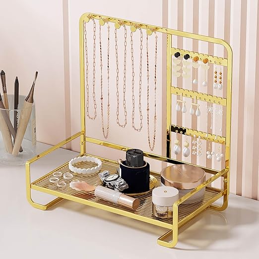 Jewelry Stand Organizer with Tray, Jewelry Hanger Display Storage for Necklace Bracelet Earring Ring, Room Decor Aesthetic Gifts for Girls Women (Gold)