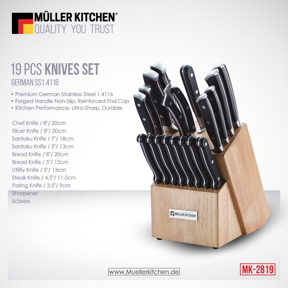 Muller Kitchen 19 Pieces Knives Set with Wooden Stand (Black)