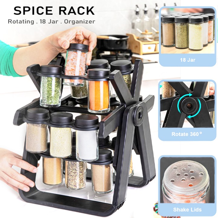 Rotating Spice Rack Organizer with 18 Glass Spice Jars Countertop Kitchen Cabinet