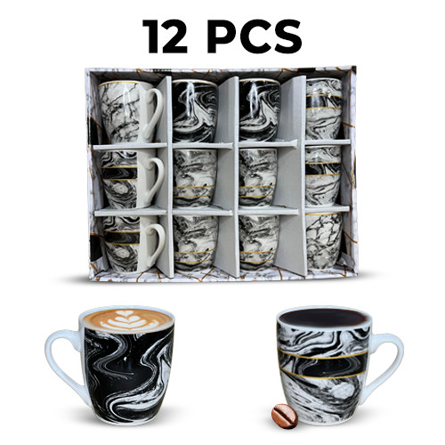 Set Of 12 Pcs Nescafe & Hot Drinks Black Golden Marble Design Ceramic Mugs