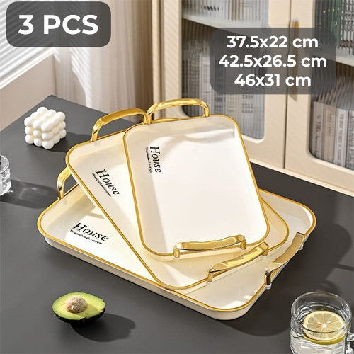 Set of 3 Pieces Luxury Rectangular Serving Tray with Gold Rim and Handles