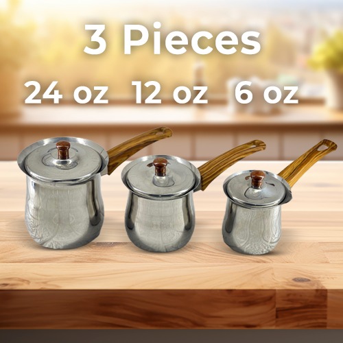Set of 3 Pieces Stainless Steel Coffee Pot Wooden Handle With Lids