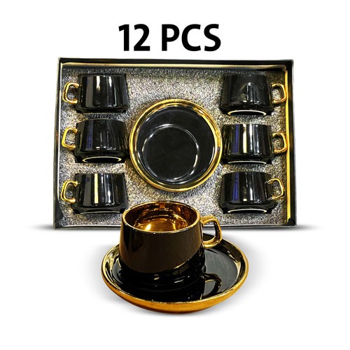 Set of 6 Pcs Black Ceramic Coffee Cups Gold Rimmed with 6 Saucer High Quality Elegant  Modern Style