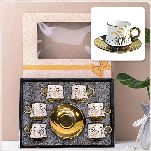 Set of 6 Pcs Ceramic Turkish Coffee Cups Distinct Pattern White and Gold with 6 Saucer