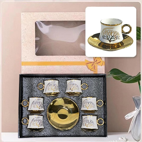 Set of 6 Pcs Elegant Ceramic Turkish Coffee Cups White and Gold Tree Design with 6 Saucer