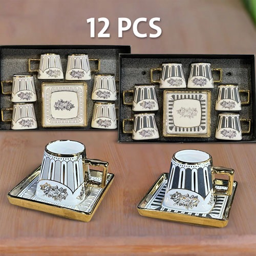 Set of 6 Pcs Luxurious Coffee Cups with 6 Pcs Square Saucer Elegance Pattern High Quality