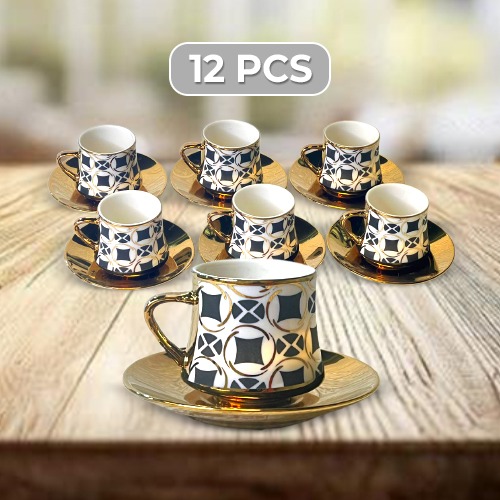 Set of 6 Pcs White and Gold Ceramic Coffee Cups with 6 Saucer Elegant Design