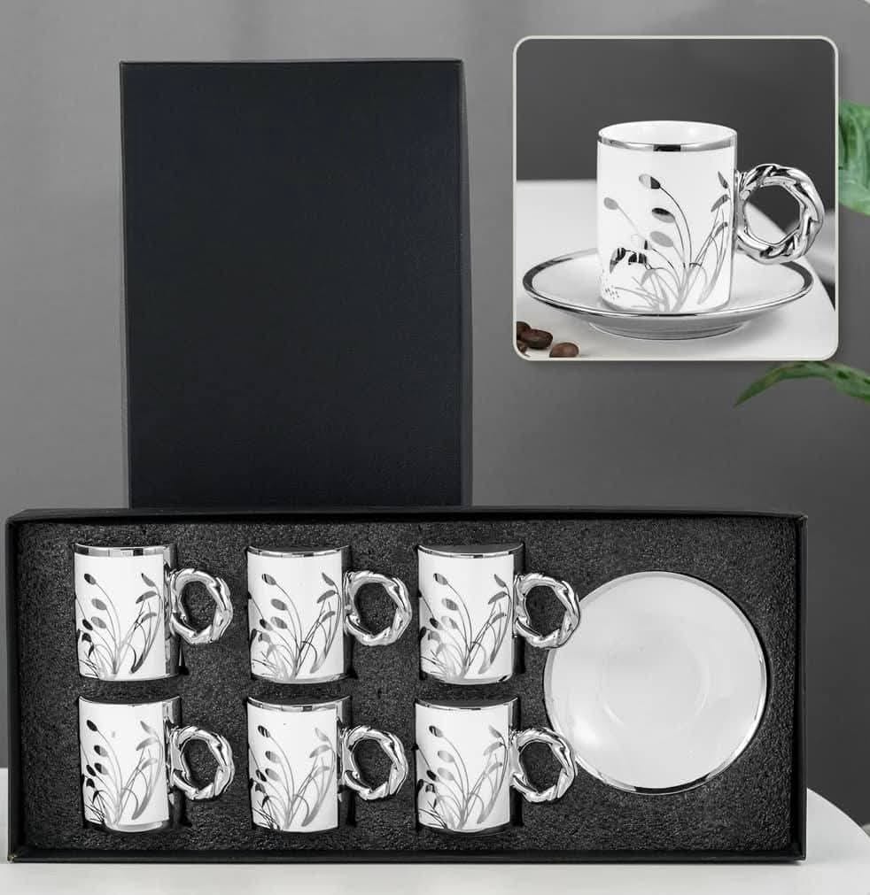 Set of 6 Pcs White and Silver Ceramic Coffee Cups with 6 Saucer Distinctive and Elegant Design