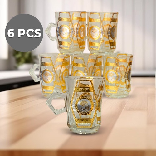 Set of 6 Turkish Tea Cup with Handle and Golden Design Modern Style (Glass)