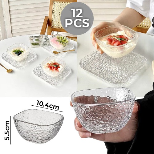 Square Set Crystal Self Designed Glass Dining Table Kitchen Bowl for Serving Dessert, Fruit, Snacks, Icecreams -Set of 6 Bowls and 6 Saucer