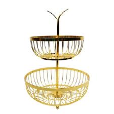 Tiered Fruit Bowl, 2 Tier Fruit Basket, Golden Fruit Basket Iron Round Golden