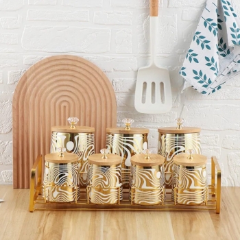 Home+Kitchen+Luxury+Gold+7pcs+Round+Tea+Coffee+Sugar+Salt+Storage+Jar+Ceramic+Spice+Canisters+Set+with+Bamboo+Lid+and+Gold+Metal+Rack