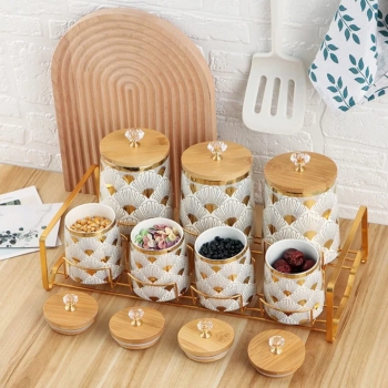 Home+Kitchen+Luxury+Gold+7pcs+Round+Tea+Coffee+Sugar+Salt+Storage+Jar+Ceramic+Spice+Canisters+Set+with+Bamboo+Lid+and+Gold+Metal+Rack