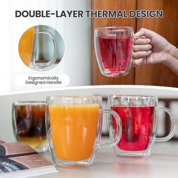 Insulated+Coffee+Mug+Double+Walled+Clear+Glass+Cups+with+Handle+250ml