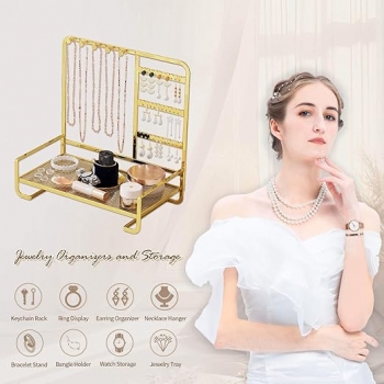 Jewelry+Stand+Organizer+with+Tray%2C+Jewelry+Hanger+Display+Storage+for+Necklace+Bracelet+Earring+Ring%2C+Room+Decor+Aesthetic+Gifts+for+Girls+Women+%28Gold%29