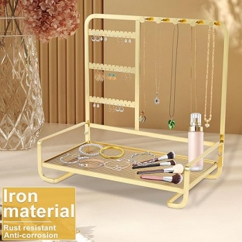 Jewelry+Stand+Organizer+with+Tray%2C+Jewelry+Hanger+Display+Storage+for+Necklace+Bracelet+Earring+Ring%2C+Room+Decor+Aesthetic+Gifts+for+Girls+Women+%28Gold%29